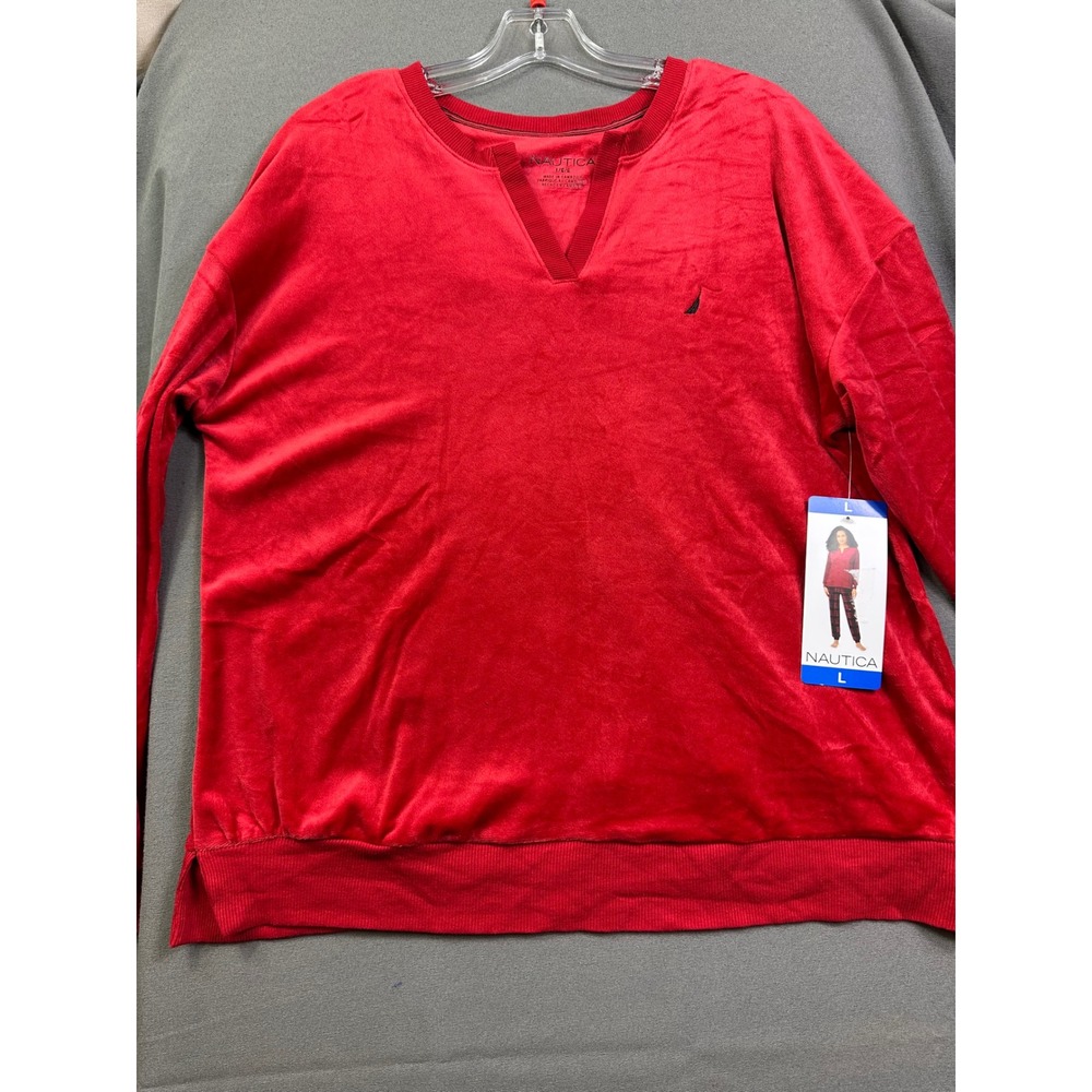 Nautica Women Red Velour Split Neck Long Sleev Pullover Sweatshirt Top Large NWT